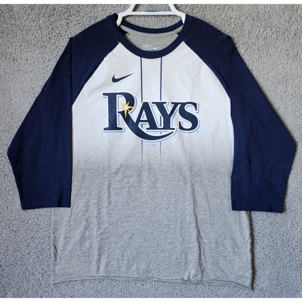 The Nike Tee Tampa Bay Rays Raglan 3/4 Sleeve Blue Jersey Logo Shirt Size Large